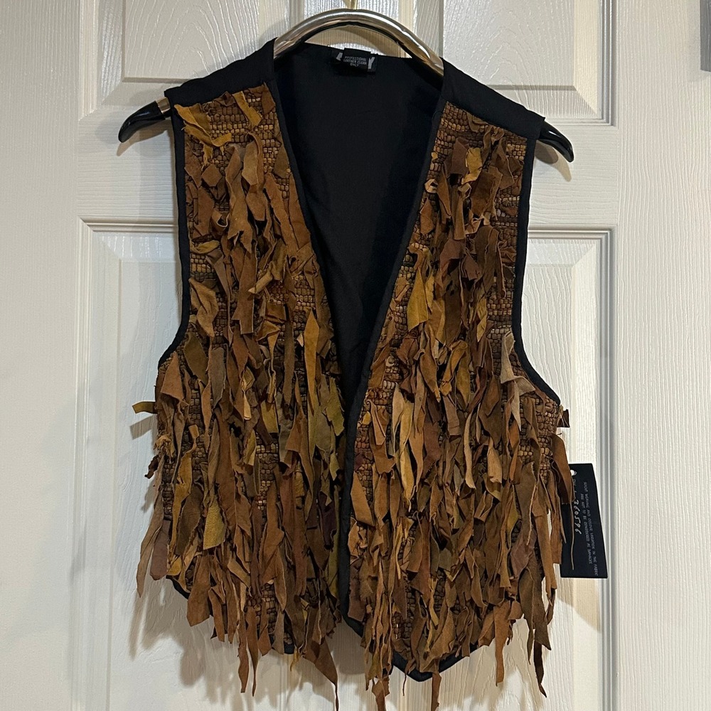 AJNY Mens Brown Shaggy Raw Edge Genuine Leather Vest Boho Western Large NWT